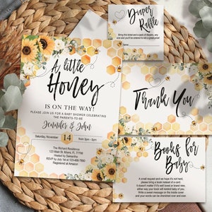Bewerkbare Bee Zonnebloem Baby Shower Uitnodiging set, Een beetje honing is onderweg Baby Shower, meisje, Bedankkaart, Digitaal, Instant Download
