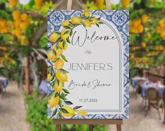 Panneau de bienvenue pour la douche nuptiale méditerranéenne, Positano, carrelage bleu, côte amalfitaine, arche, côtier, citron, numérique, téléchargement immédiat, modifiable