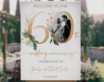 60周年記念ウェルカムサイン、緑、ゴールド、エレガント、葉、ユーカリ、写真付き結婚記念日サイン、編集可能、デジタル