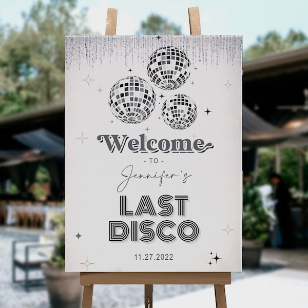 Bewerkbaar laatste disco-welkomstbord, Silver Globe, vrijgezellenfeest, disco, laatste discofeest, vrijgezellenfeest, digitaal, direct downloaden