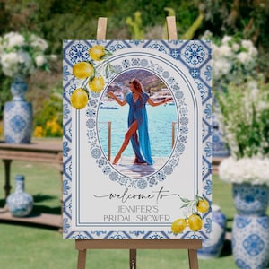 Editable Mediterranean Bridal Shower Welcome Sign with Photo, Positano, Blue Tile, Amalfi coast, Arch, Lemon, Coastal, Digital, Instant