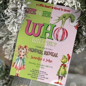 Zaproszenie na Boże Narodzenie z informacją o płci dziecka, czerwono-zielony baby shower, kreskówka, Baby Stole Christmas, Whoville, edytowalny, szablon, cyfrowy, natychmiastowy