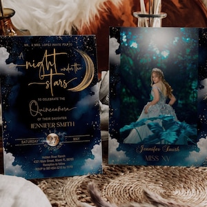 A Night Under the Stars-uitnodiging, Galaxy, Rustic Starry Night, Celestial, Quinceanera-uitnodiging blauw, maan, digitaal, direct, bewerkbaar