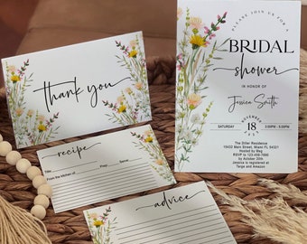 Editable Wild flower Bridal Shower Invitation Template, small Boho Floral Garden Party Invite Cards, Botanical Bridal Brunch, Digital