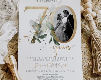 70th Anniversary invitation, Greenery, Gold, Elegant, Foliage, Eucalyptus, Wedding Anniversary Invitation with Photo, Editable, Digital