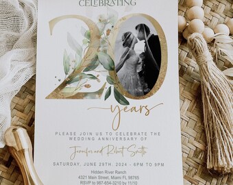 20th Anniversary invitation, Greenery, Gold, Elegant, Foliage, Eucalyptus, Wedding Anniversary Invitation with Photo, Editable, Digital