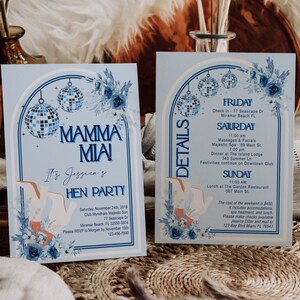 Invitación de despedida de soltera Mamma Mia con reverso, fiesta Mamma Mia, discoteca, arco, floral, despedida de soltera, costera, itinerario, digital, editable, instantánea