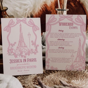 Invito modificabile per l'addio al nubilato a Parigi con itinerario, fuga chic nel fine settimana nella città dell'amore, Torre Eiffel, Emily a Parigi, Demure