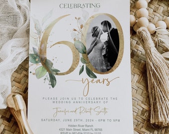 60th Anniversary invitation, Greenery, Gold, Elegant, Foliage, Eucalyptus, Wedding Anniversary Invitation with Photo, Editable, Digital