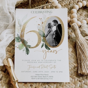 Faire-part 60e anniversaire, verdure, or, élégant, feuillage, eucalyptus, faire-part d'anniversaire de mariage avec photo, modifiable, numérique