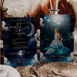 A Night Under the Stars Invitation, Galaxy, Rustic Starry Night, Celestial, Quinceanera Invitation Blue, moon, Digital, Instant, Editable