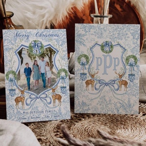 Carte de Noël modifiable en chinois, classique, monogramme, traditionnel, élégant, écusson, écusson botanique, couronne, modèle, numérique, instantané