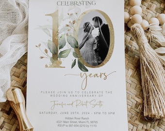 10th Anniversary invitation, Greenery, Gold, Elegant, Foliage, Eucalyptus, Wedding Anniversary Invitation with Photo, Editable, Digital