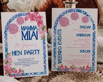 Invitation modifiable Mamma Mia Bachelorette avec dos, Mamma Mia Party, Disco, Hen Party, Itinéraire, Numérique, Téléchargement instantané