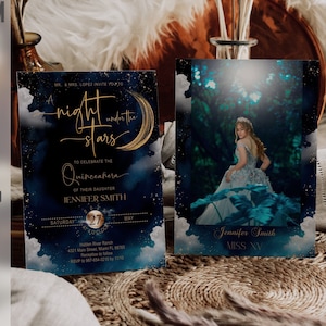 Invitation Une nuit sous les étoiles, galaxie, nuit étoilée rustique, céleste, invitation de Quinceanera bleu, lune, numérique, instantané, modifiable