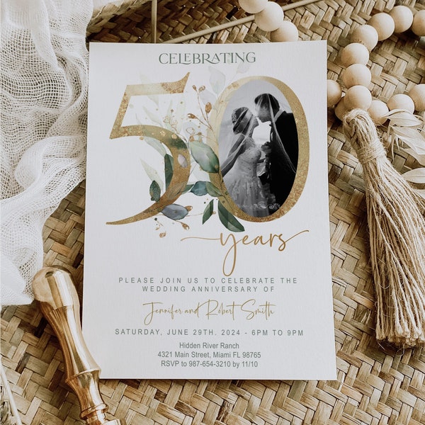 50th Anniversary invitation, Greenery, Gold, Elegant, Foliage, Eucalyptus, Wedding Anniversary Invitation with Photo, Editable, Digital