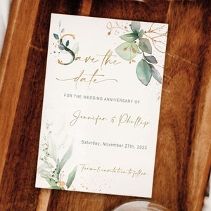 Carte réservez votre date, anniversaire de mariage, verdure, or, modifiable, 10e, 20e, 30e, 40e, 50e, 60e, 70e anniversaire, numérique, instantané