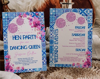 Editable Dancing Queen Bachelorette Invitation with Back, Mamma Mia Party, Disco, Hen Party, Itinerary, Digital, Instant Download