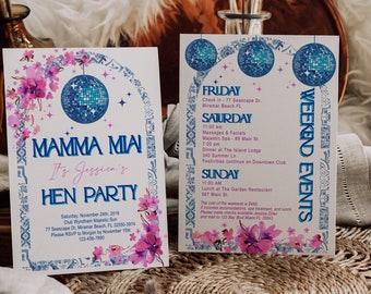 Editable Mamma Mia Bachelorette Invitation with Back, Mamma Mia Party, Disco, Hen Party, Itinerary, Digital, Instant Download