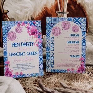 Bearbeitbare Dancing Queen Bachelorette Einladung mit Rücken, Mamma Mia Party, Disco, Küste, Hen Party, Reiseplan, Digital, Sofort Download
