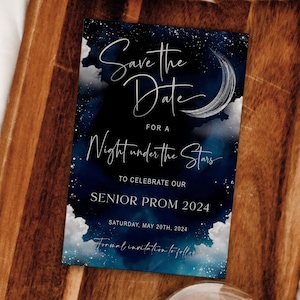 Carte "Retenez cette date" Une nuit à la belle étoile, Remise de diplôme, Mariage, Lune, Galaxie, Nuit étoilée rustique, Numérique, Instantané, Modifiable, GRANUS