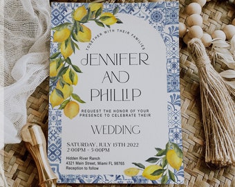 Editable Mediterranean Wedding Invitation, Positano, Blue Tile invitation, Arch, Amalfi coast, Lemon, Digital, Instant Download
