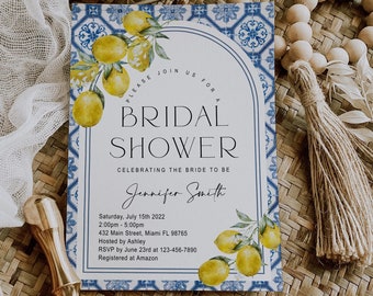 Editable Mediterranean Bridal Shower Invitation, Positano, Blue Tile invitation, Arch, Lemon, Digital, Instant Download