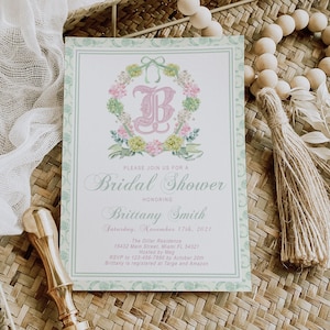 Monogram Bridal Shower Invitation, Classic, Traditional, Elegant, Floral Crest, Botanical Crest, Template, Digital, Instant, Green, Editable