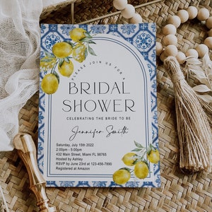 Editable Mediterranean Bridal Shower Invitation, Positano, Blue Tile invitation, Arch, Amalfi coast, Coastal, Lemon, Digital, Instant