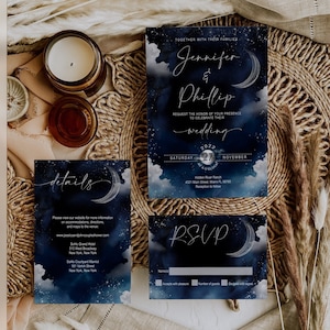 Celestial Wedding Invitation Set, Moon Wedding, Galaxy, Rustic Starry Night Wedding, silver, navy, Digital, Instant, Editable, CWNS1