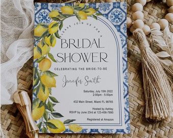 Editable Mediterranean Bridal Shower Invitation, Positano, Blue Tile invitation, Amalfi coast, Arch, Lemon, Digital, Instant Download