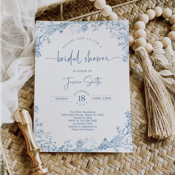 Editable Chinoiserie Bridal Shower Invitation, French Toile Invitation, Traditional, Elegant, Floral, Botanical Invitation, Digital, Instant