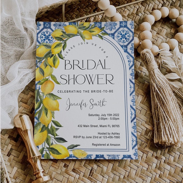 Editable Mediterranean Bridal Shower Invitation, Positano, Blue Tile invitation, Amalfi coast, Arch, Lemon, Digital, Instant Download