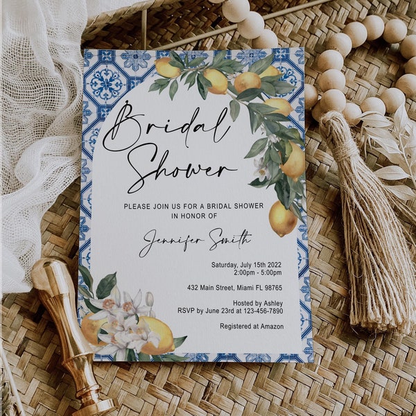 Editable Mediterranean Bridal Shower Invitation, Positano, Blue Tile invitation, Arch, Amalfi coast, Lemon, Digital, Instant Download