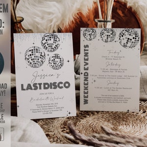 Last Disco Bachelorette Invitation with Back, Retro, Groovy, Black White, Globe, Itinerary, Digital, Instant Download, Editable