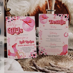 Invitación de despedida de soltera "Vamos Vaquera" con reverso, Último Rodeo, Retro, Disco, Itinerario, Digital, Botas, Rosa, Plantilla, Instantánea, Editable