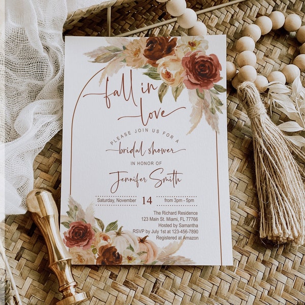 Editable Fall in Love Bridal Shower Invitation, Wedding, Engagement, Floral, Rust, Terracotta, Arch, Boho, Fall Invitation, Digital, FILBTA