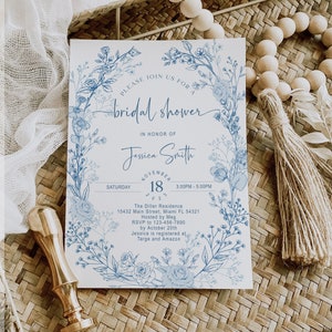 Chinoiserie Bridal Shower Invitation, French Toile, Traditional, Elegant, Floral, Botanical, Something Blue Before I do, Digital, Instant