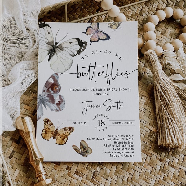 Editable Butterfly Bridal Shower Invitation, He Gives me Butterflies Bridal Shower, Digital, Instant Download, BBS2