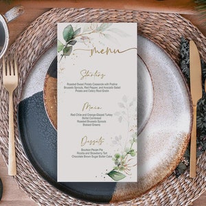 Menu weselne na rocznicę, Zieleń, Złoto, Eleganckie, Ślub, Liście, Cyfrowe, Natychmiastowe pobranie, Edytowalne