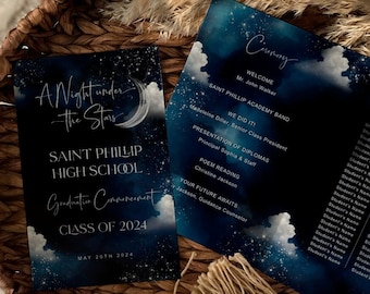 A night under the Stars Graduation Program, Moon, Galaxy, Rustic Starry Night Wedding, Digital, Template, Instant Download, Editable, GRANUS