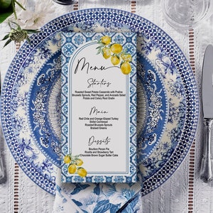 Mittelmeer-Menü, Positano, Blaue Fliese, Bogen, Amalfiküste, Zitrone, Küsten, digital, bearbeitbar, Sofort Download