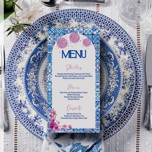 Bearbeitbares Mamma Mia Menü, Mittelmeer, Blaue Fliese, Bogen, Amalfiküste, griechische Party, blau rosa, Küste, Digital, Sofort Download