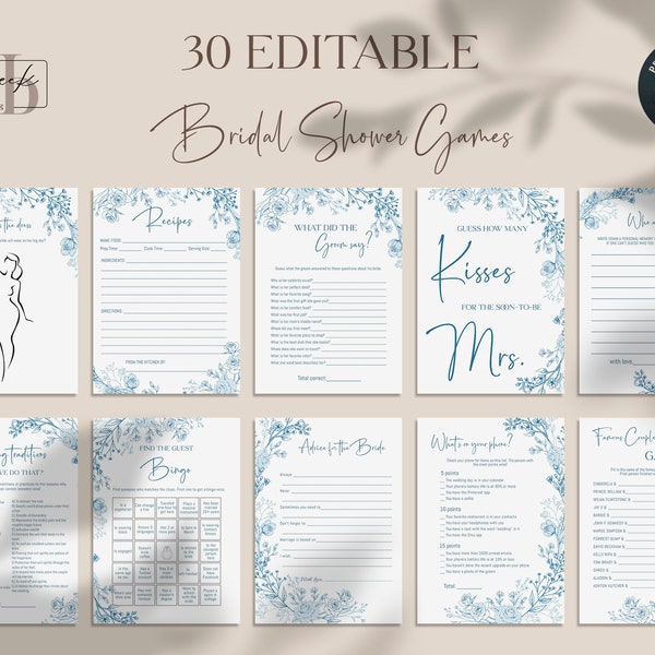 Editable Chinoiserie Bridal Shower Game set, game bundle, blue porcelain, 30 games, Bingo, Emoji Pictionary, Who knows the bride, Digital