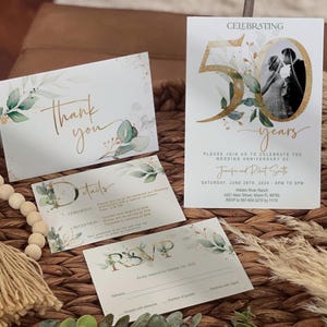 50th Anniversary Set, Invite with Photo, RSVP, Details, Thank you cards, Greenery, Gold, Elegant,  Eucalyptus, Editable, Digital
