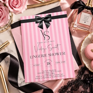 May include: A rectangular invitation card featuring a pink and white vertical striped pattern with a black bow graphic at the top. The text reads Vicky's Secret LINGERIE SHOWER, Saturday November 18 2026, 3:00PM-5:00PM, and includes address and RSVP details.