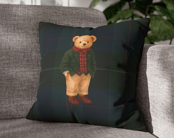 Cozy bear Teddy Bear Tartan Plaid Pillowcase | Green Navy Square Pillowcase