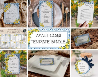 Editable Mediterranean Bridal Shower Set, Positano, Blue Tile, Arch, Amalfi coast, Invitation, Games, Tag, Menu, Lemon, Digital, Instant