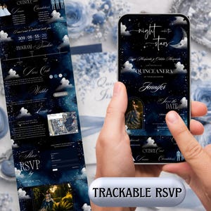Puede incluir: Un smartphone muestra una invitación de Quinceañera con un diseño de cielo estrellado. La invitación incluye detalles del evento, información de RSVP y el texto "night under the stars". La imagen también muestra una tarjeta de invitación a juego.