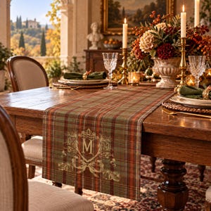 Autumn Plaid Table Runner with Olive Crest, Rustic Tartan Thanksgiving Dining Decor